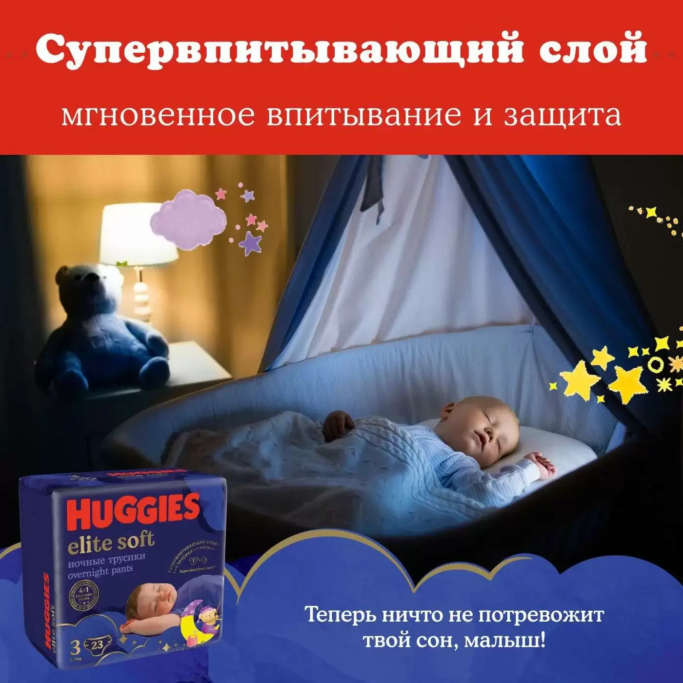 Подгузники-трусики Huggies Elite Soft ночные 3 6-11кг 23шт