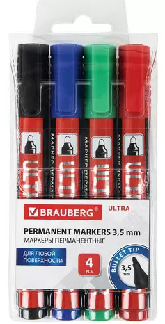 Маркеры перманентные 4цв 3,5мм BRAUBERG ULTRA MARKER