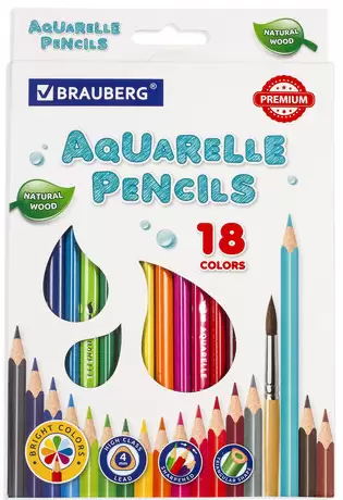 Карандаши цветные BRAUBERG PREMIUM AQUARELLE 18цв грифель 4мм